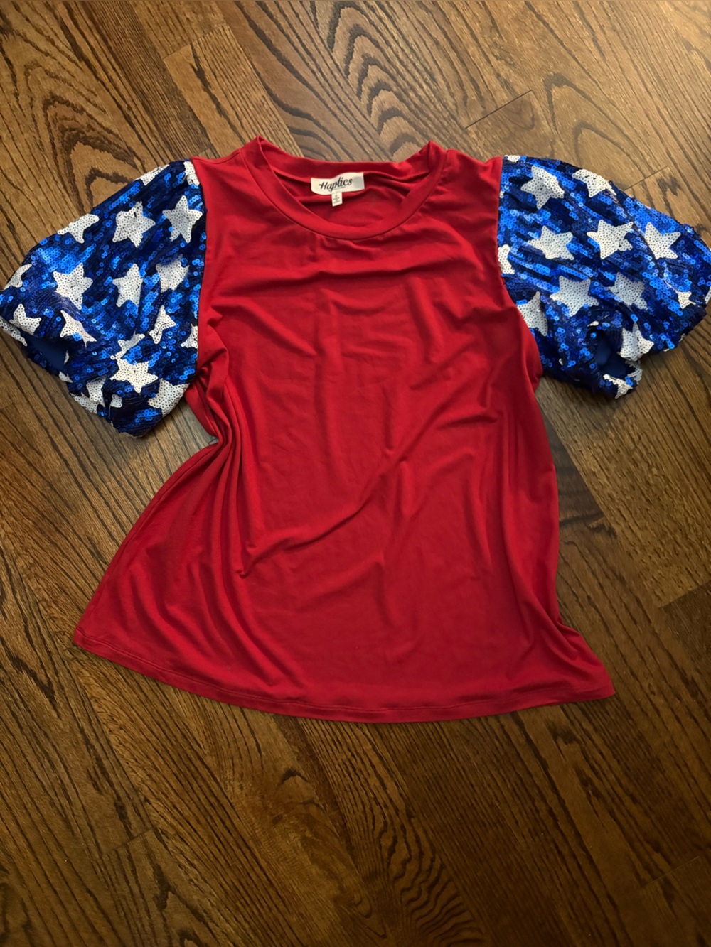 Haptics Red Short Sleeve Tee with Blue Star Sequin Sleeves